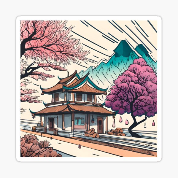 Item preview, Old Traditional Chinese house Siheyuan, minimalistic ink drawing designed and sold by Patricks-Art.