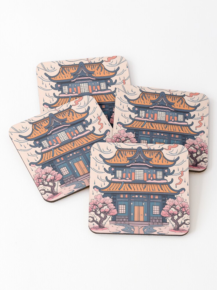 Thumbnail 1 of 5, Coasters (Set of 4), Old Traditional Chinese house Siheyuan, minimalistic ink drawing designed and sold by Patricks-Art.