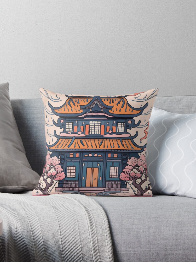 Thumbnail 1 of 4, Pillow, Old Traditional Chinese house Siheyuan, minimalistic ink drawing designed and sold by Patricks-Art.