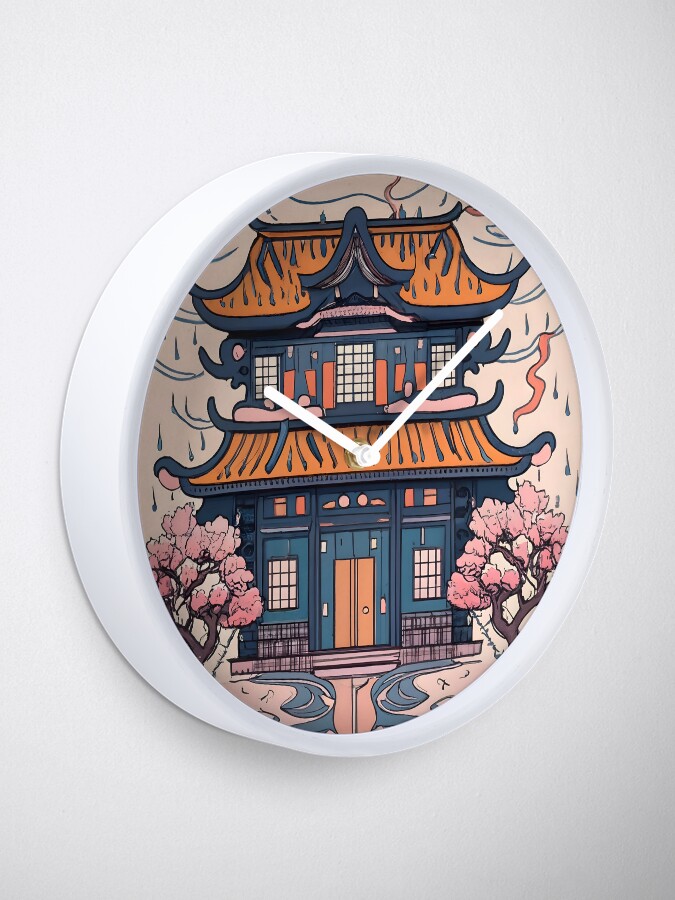 Thumbnail 1 of 4, Clock, Old Traditional Chinese house Siheyuan, minimalistic ink drawing designed and sold by Patricks-Art.