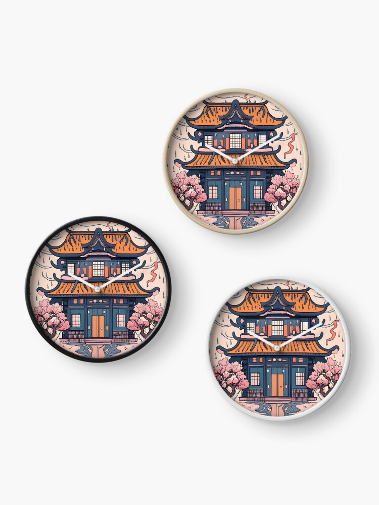 Thumbnail 3 of 4, Clock, Old Traditional Chinese house Siheyuan, minimalistic ink drawing designed and sold by Patricks-Art.