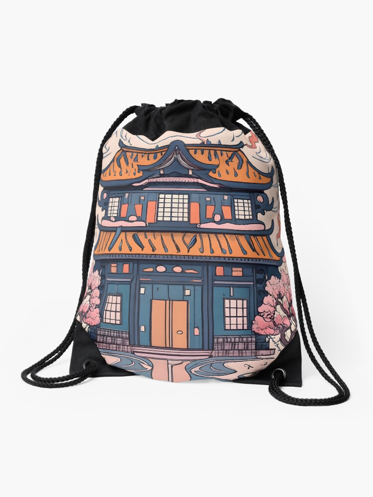 Thumbnail 1 of 3, Drawstring Bag, Old Traditional Chinese house Siheyuan, minimalistic ink drawing designed and sold by Patricks-Art.