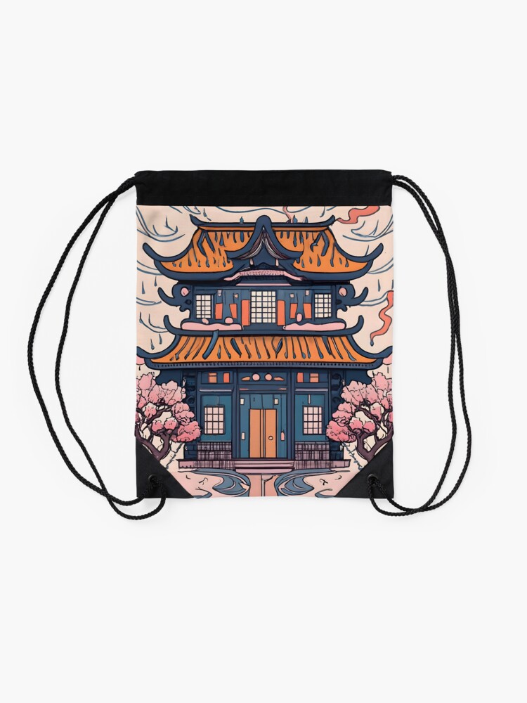 Thumbnail 2 of 3, Drawstring Bag, Old Traditional Chinese house Siheyuan, minimalistic ink drawing designed and sold by Patricks-Art.