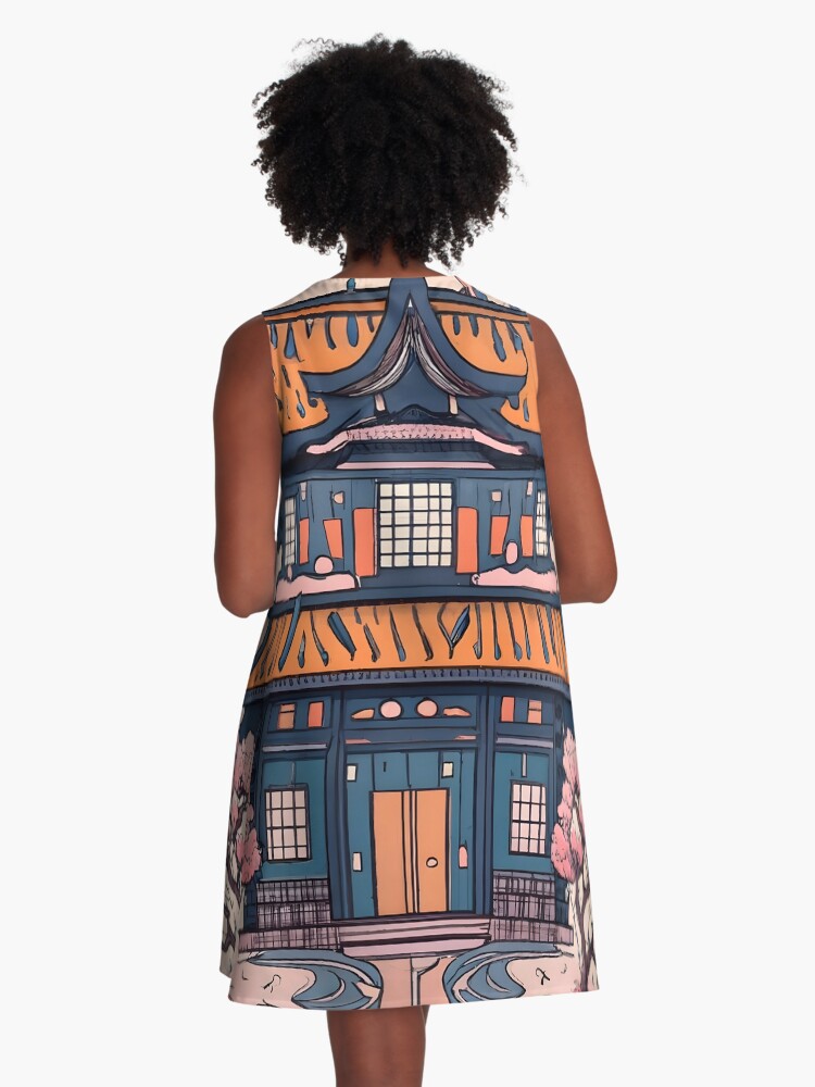 Thumbnail 3 of 4, A-Line Dress, Old Traditional Chinese house Siheyuan, minimalistic ink drawing designed and sold by Patricks-Art.