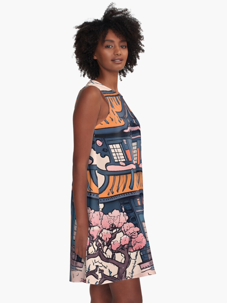 Thumbnail 2 of 4, A-Line Dress, Old Traditional Chinese house Siheyuan, minimalistic ink drawing designed and sold by Patricks-Art.