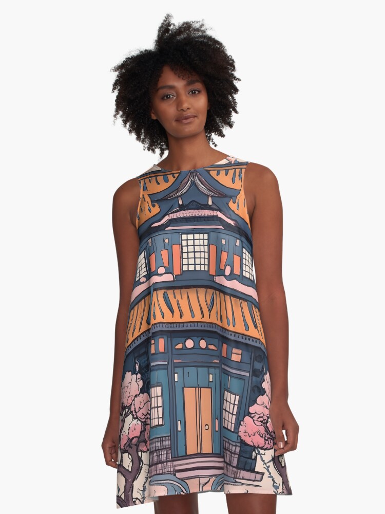 Thumbnail 1 of 4, A-Line Dress, Old Traditional Chinese house Siheyuan, minimalistic ink drawing designed and sold by Patricks-Art.