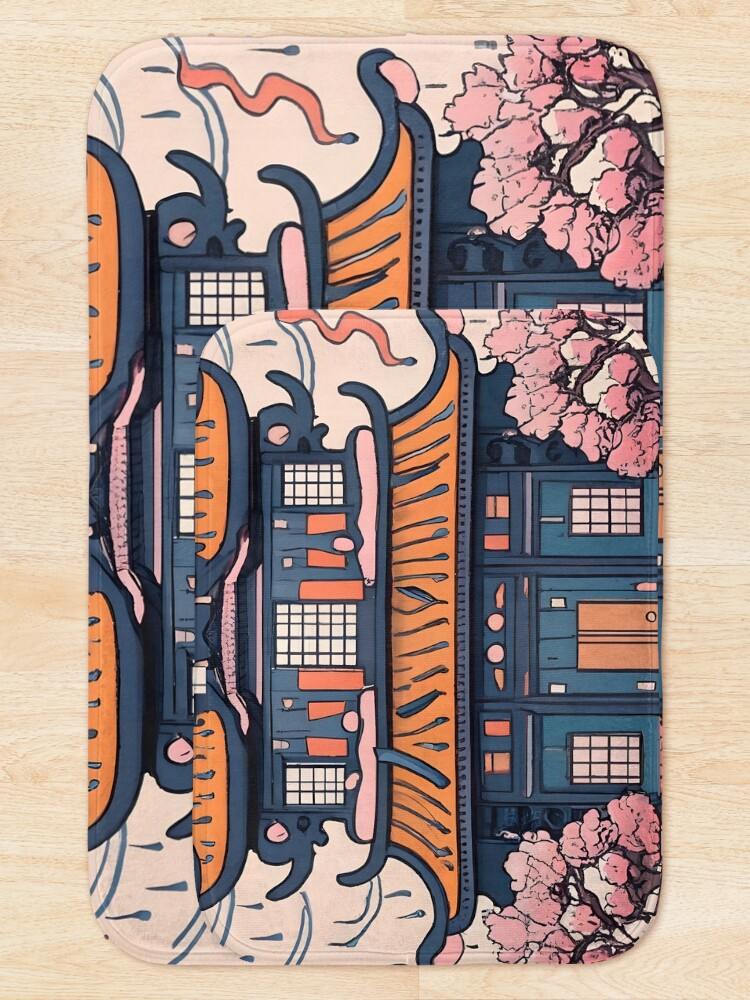 Thumbnail 5 of 6, Bath Mat, Old Traditional Chinese house Siheyuan, minimalistic ink drawing designed and sold by Patricks-Art.