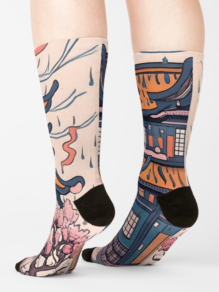 Thumbnail 4 of 5, Socks, Old Traditional Chinese house Siheyuan, minimalistic ink drawing designed and sold by Patricks-Art.