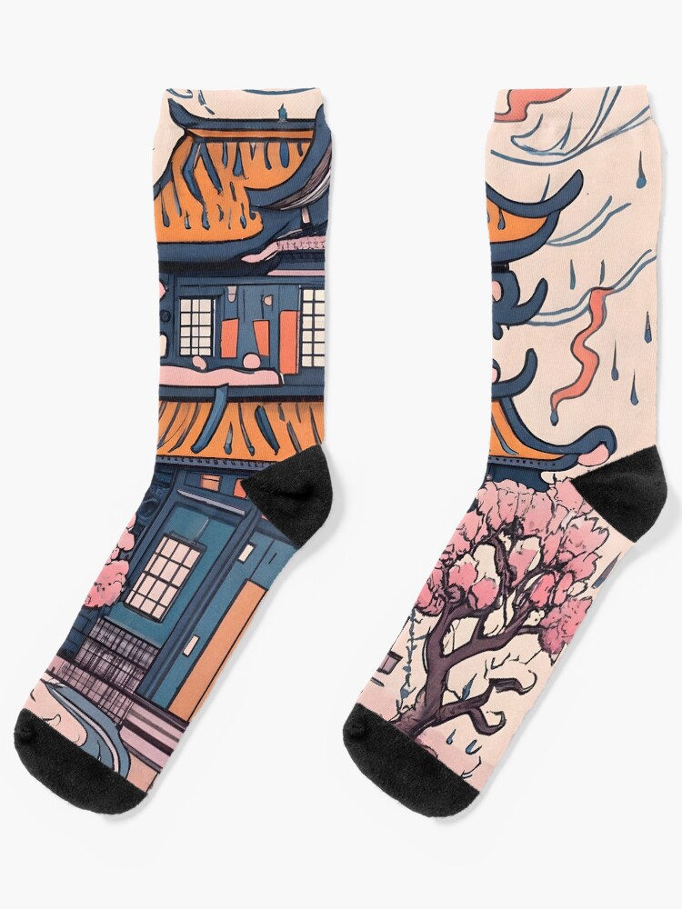 Thumbnail 1 of 5, Socks, Old Traditional Chinese house Siheyuan, minimalistic ink drawing designed and sold by Patricks-Art.