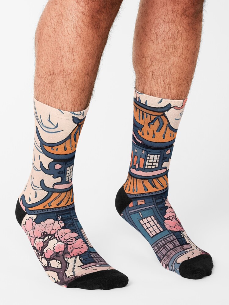 Thumbnail 3 of 5, Socks, Old Traditional Chinese house Siheyuan, minimalistic ink drawing designed and sold by Patricks-Art.