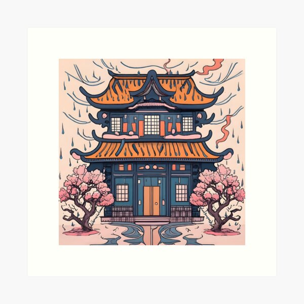 Item preview, Old Traditional Chinese house Siheyuan, minimalistic ink drawing designed and sold by Patricks-Art.