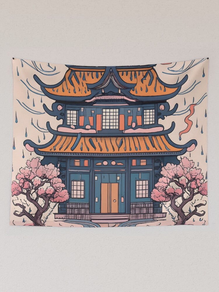 Thumbnail 2 of 3, Tapestry, Old Traditional Chinese house Siheyuan, minimalistic ink drawing designed and sold by Patricks-Art.