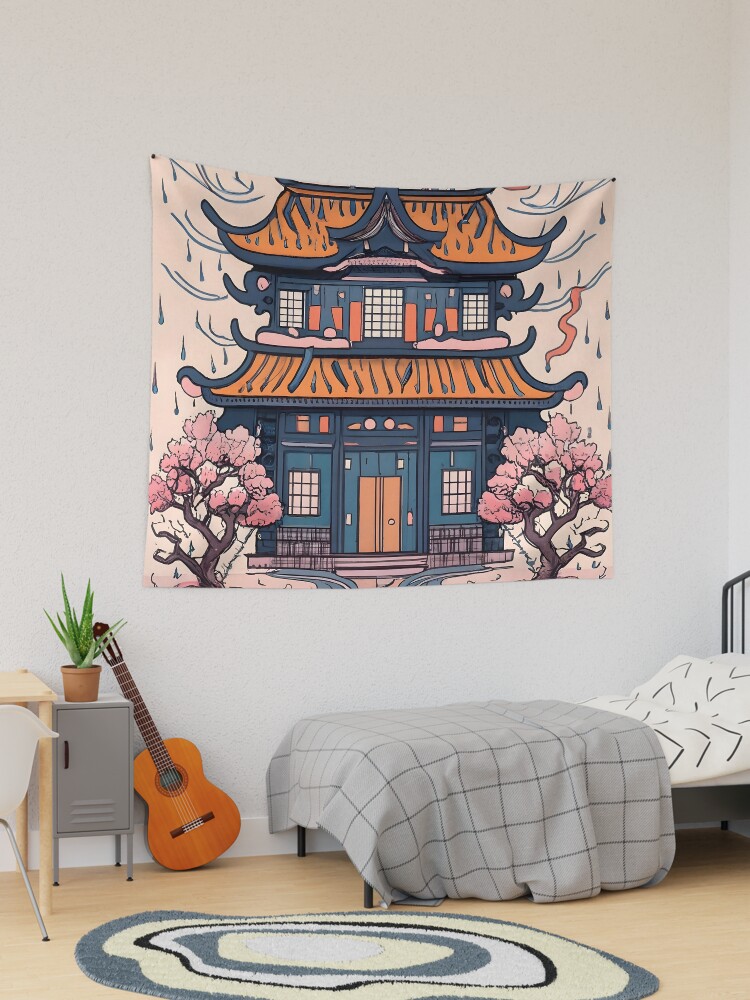 Thumbnail 1 of 3, Tapestry, Old Traditional Chinese house Siheyuan, minimalistic ink drawing designed and sold by Patricks-Art.