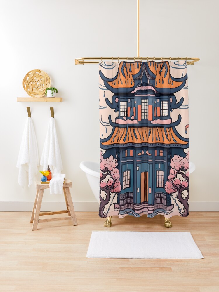 Thumbnail 1 of 5, Shower Curtain, Old Traditional Chinese house Siheyuan, minimalistic ink drawing designed and sold by Patricks-Art.