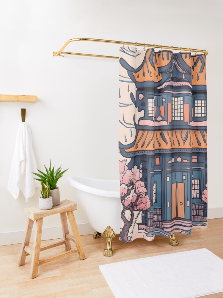 Thumbnail 3 of 5, Shower Curtain, Old Traditional Chinese house Siheyuan, minimalistic ink drawing designed and sold by Patricks-Art.