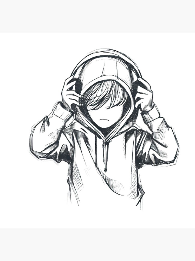 Boy Wearing hoodie And Headphones, Covering His Head, Sketch drawing Pin