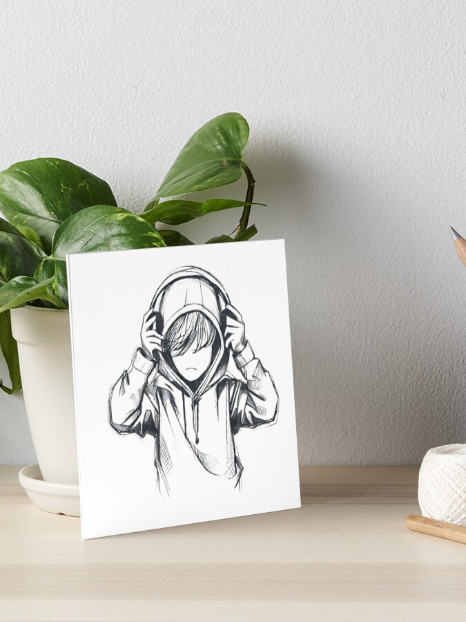 Boy Wearing hoodie And Headphones, Covering His Head, Sketch 
