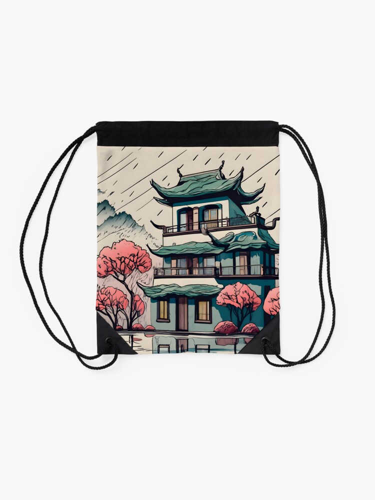Thumbnail 2 of 3, Drawstring Bag, Old Traditional Chinese house Siheyuan Drawing designed and sold by Patricks-Art.