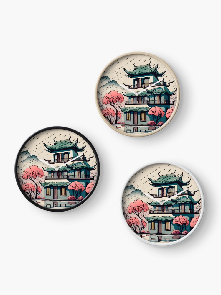 Thumbnail 3 of 4, Clock, Old Traditional Chinese house Siheyuan Drawing designed and sold by Patricks-Art.