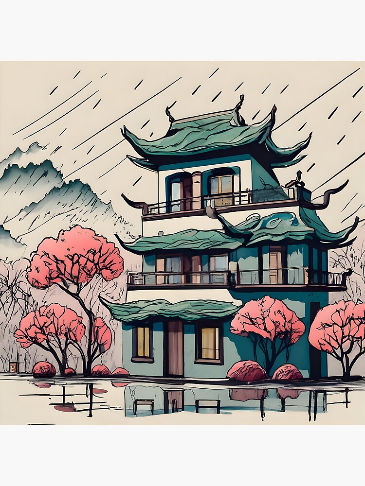 Thumbnail 4 of 4, Clock, Old Traditional Chinese house Siheyuan Drawing designed and sold by Patricks-Art.