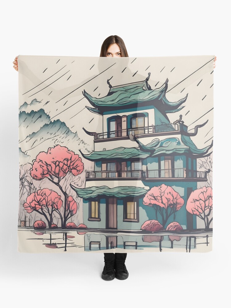Thumbnail 1 of 3, Scarf, Old Traditional Chinese house Siheyuan Drawing designed and sold by Patricks-Art.