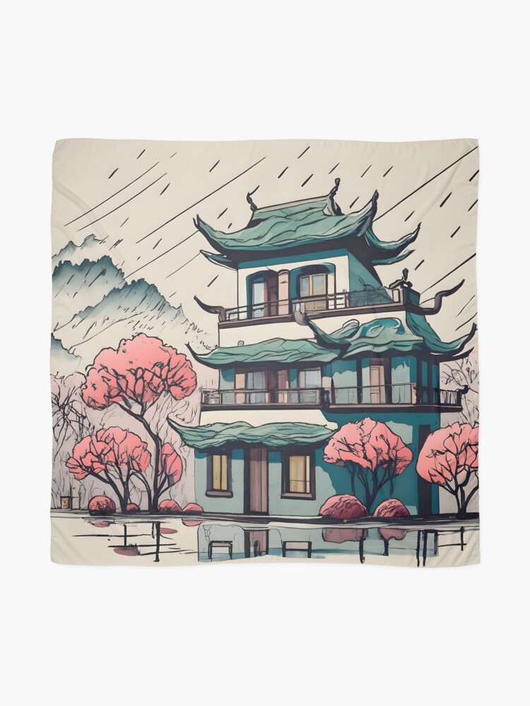 Thumbnail 2 of 3, Scarf, Old Traditional Chinese house Siheyuan Drawing designed and sold by Patricks-Art.