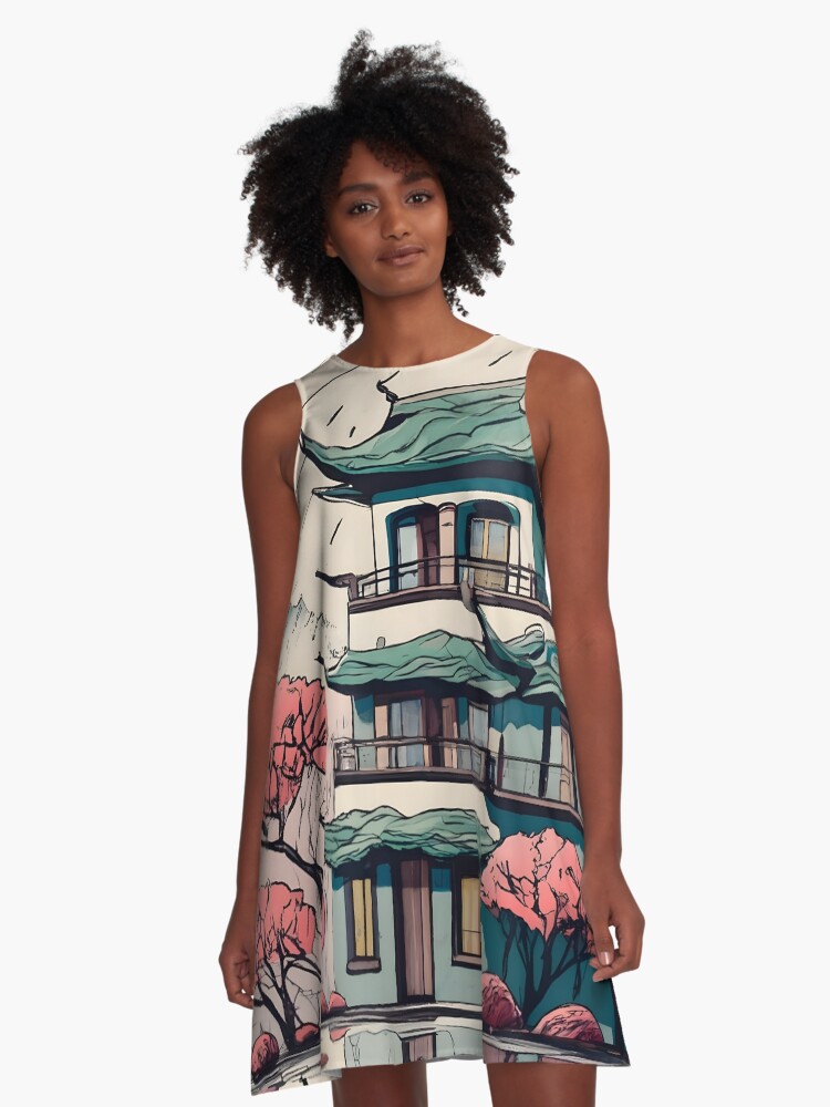 Thumbnail 1 of 4, A-Line Dress, Old Traditional Chinese house Siheyuan Drawing designed and sold by Patricks-Art.
