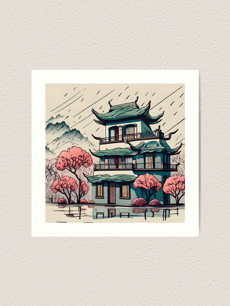 Thumbnail 2 of 3, Art Print, Old Traditional Chinese house Siheyuan Drawing designed and sold by Patricks-Art.