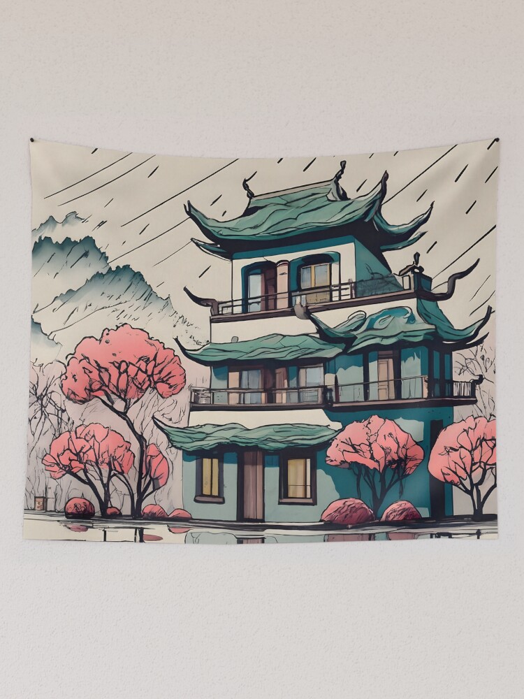 Thumbnail 2 of 3, Tapestry, Old Traditional Chinese house Siheyuan Drawing designed and sold by Patricks-Art.