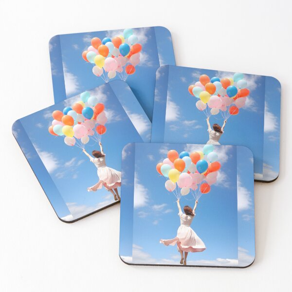 Item preview, Dreamy image of a woman flying with balloons in the sky designed and sold by AI-Only Creations.