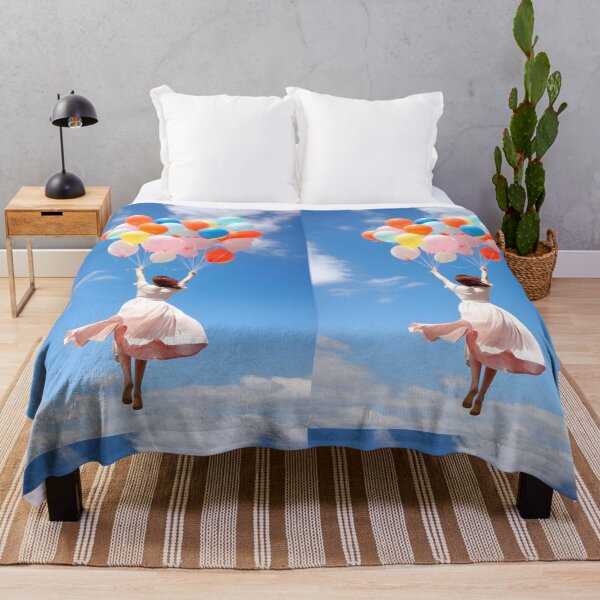 Item preview, Dreamy image of a woman flying with balloons in the sky designed and sold by AI-Only Creations.