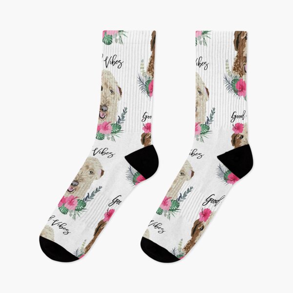 Artikelvorschau, Doodle Dog Good Vibes mit rosa Hibiskusblüte entworfen und verkauft von HotPinkStudio.