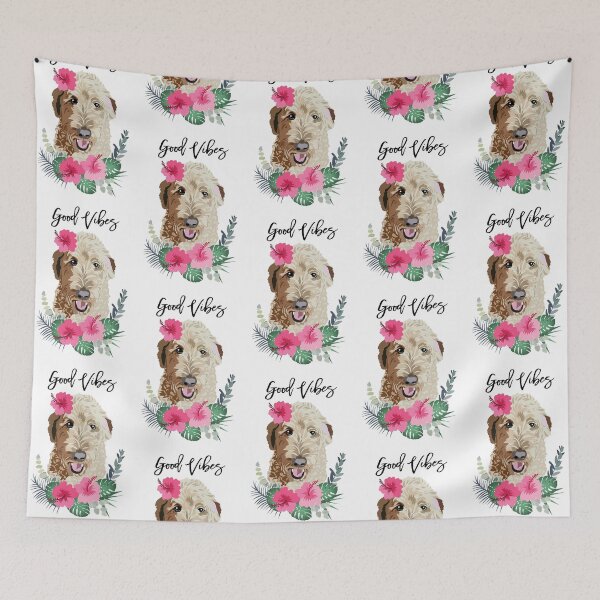 Artikelvorschau, Doodle Dog Good Vibes mit rosa Hibiskusblüte entworfen und verkauft von HotPinkStudio.