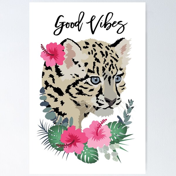 Item preview, Baby Snow Leopard Good Vibes with Pink Hibiscus flower designed and sold by HotPinkStudio.