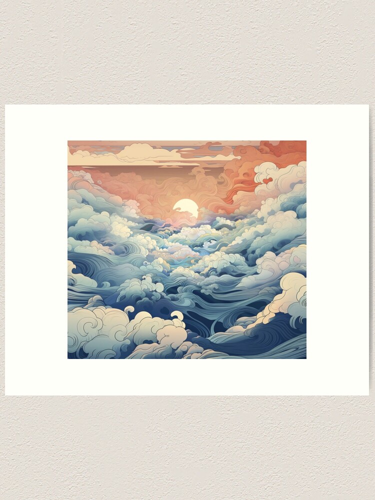 Dreamlike landscapes: Japanese pattern of waves and clouds