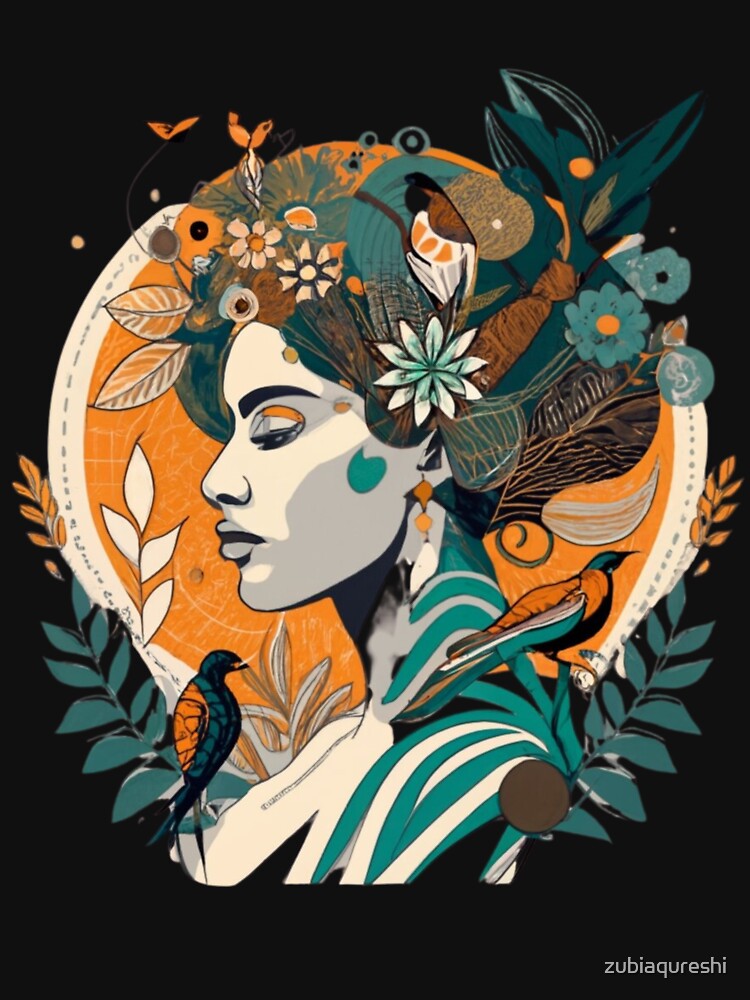 Thumbnail 7 of 7, Classic T-Shirt, silhouette of a woman incorporating flowers and leaves and birds designed and sold by zubiaqureshi.