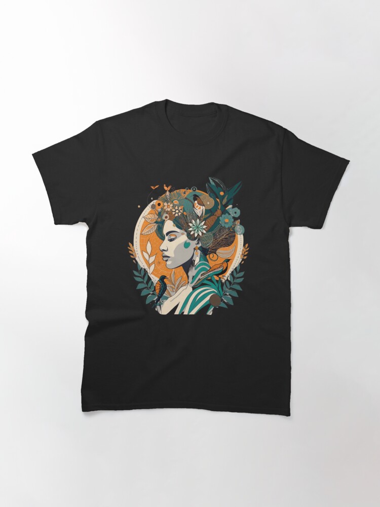 Thumbnail 3 of 7, Classic T-Shirt, silhouette of a woman incorporating flowers and leaves and birds designed and sold by zubiaqureshi.
