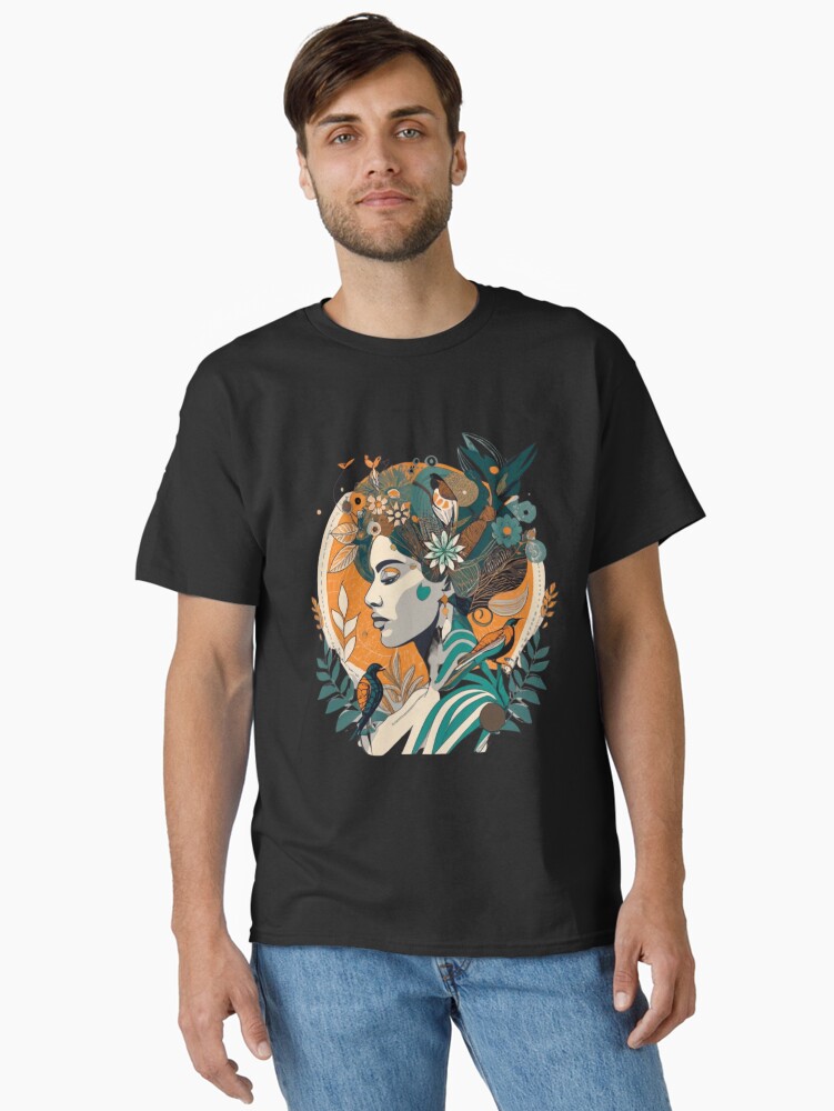 Thumbnail 1 of 7, Classic T-Shirt, silhouette of a woman incorporating flowers and leaves and birds designed and sold by zubiaqureshi.