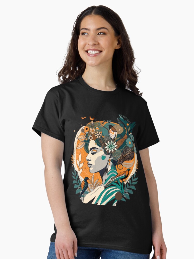 Thumbnail 2 of 7, Classic T-Shirt, silhouette of a woman incorporating flowers and leaves and birds designed and sold by zubiaqureshi.