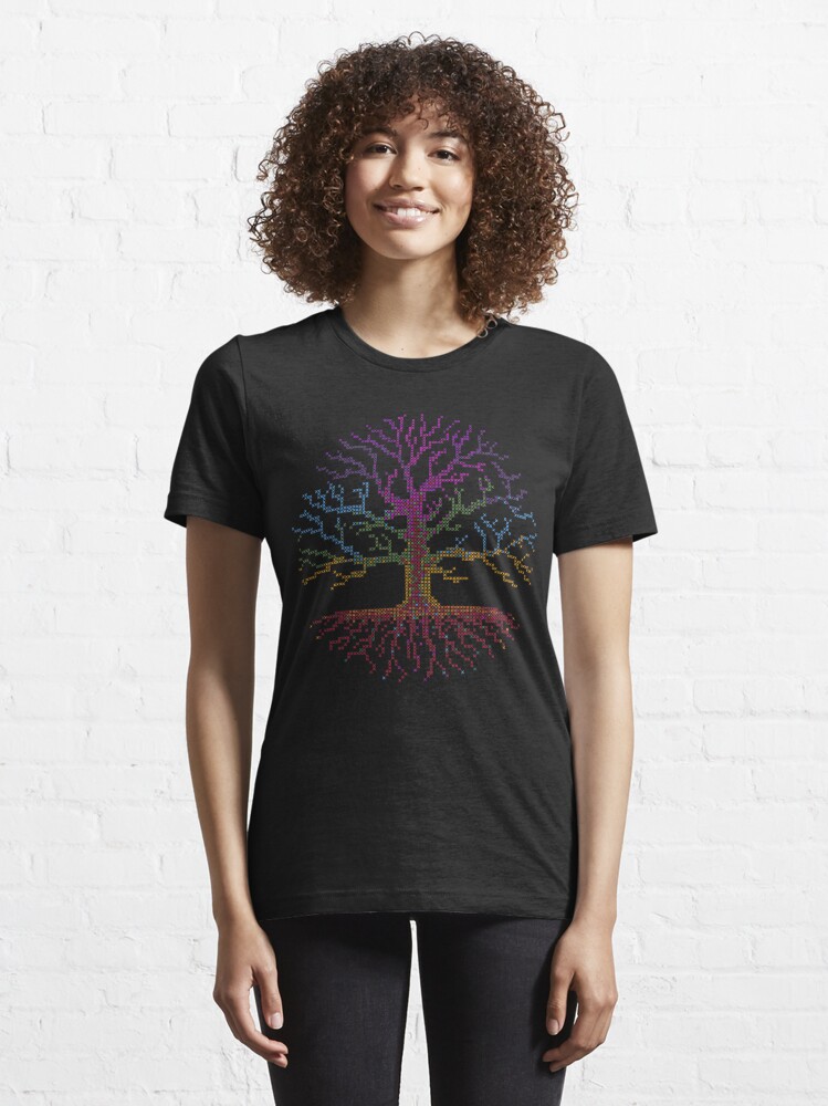 Essential T-Shirt, Rainbow Chakra Tree of Life - Cross Stitch Chart Pattern on Black Background- Pixel Art - Stitchable Design on T-Shirts and Dresses! designed and sold by XStitchPatterns