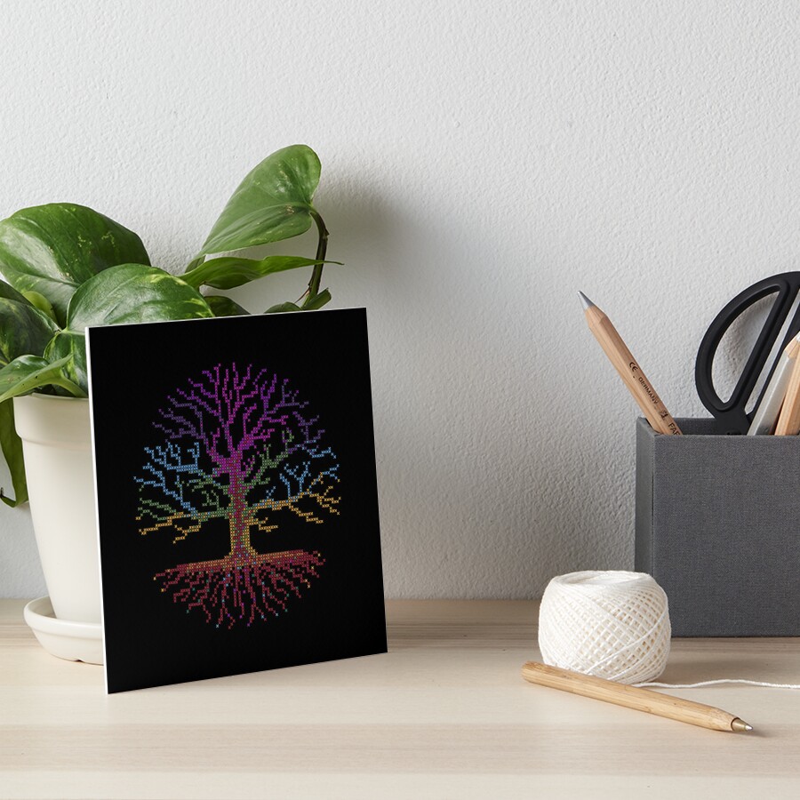 Rainbow Chakra Tree of Life - Cross Stitch Chart Pattern on Black Background-  Pixel Art - Stitchable Design on T-Shirts and Dresses!