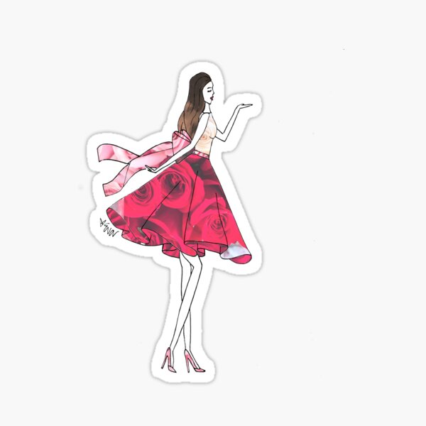Fashion Sketch Illustration Girl Blowing Kiss Roses 1950's Bow Sticker