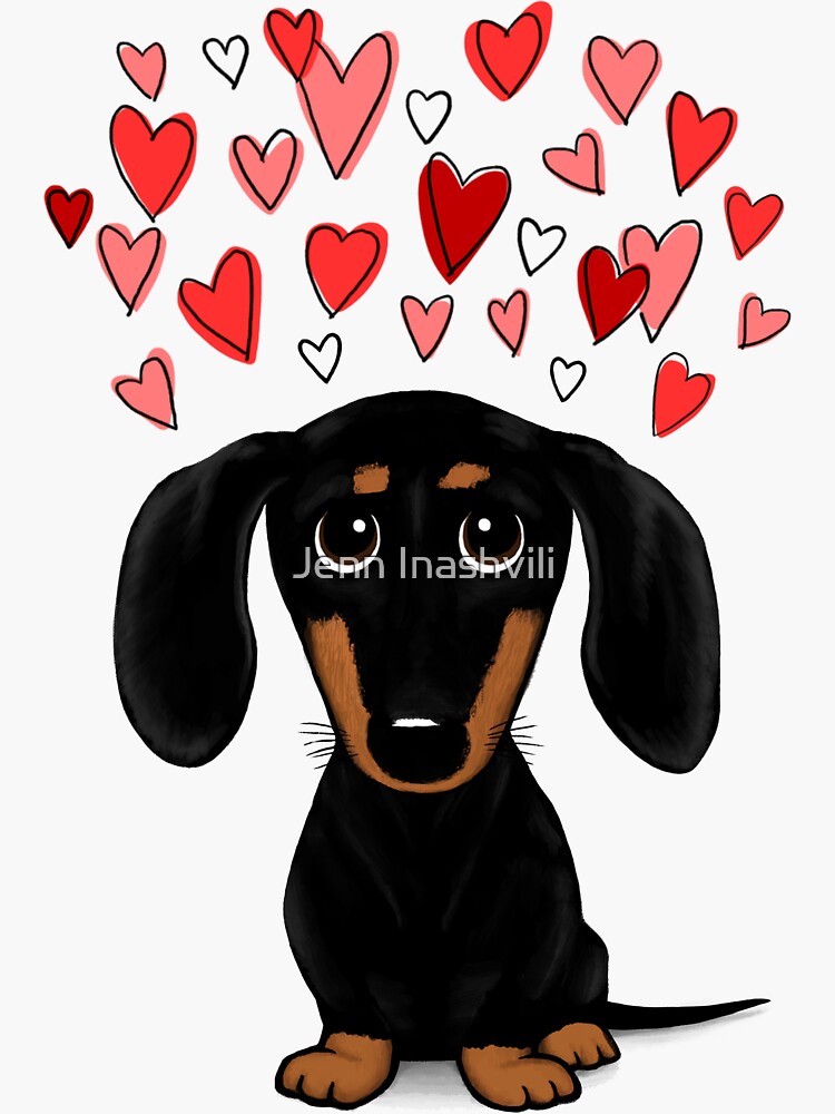 "Black and Tan Dachshund with Valentine Hearts | Cute Cartoon Wiener