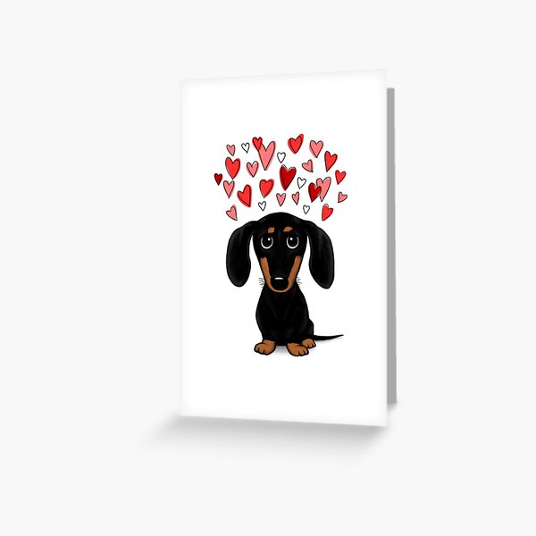 Black and Tan Dachshund with Valentine Hearts | Cute Cartoon Wiener Dog Greeting Card