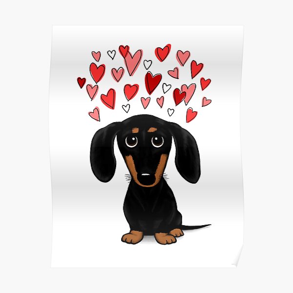 Black and Tan Dachshund with Valentine Hearts | Cute Cartoon Wiener Dog Poster