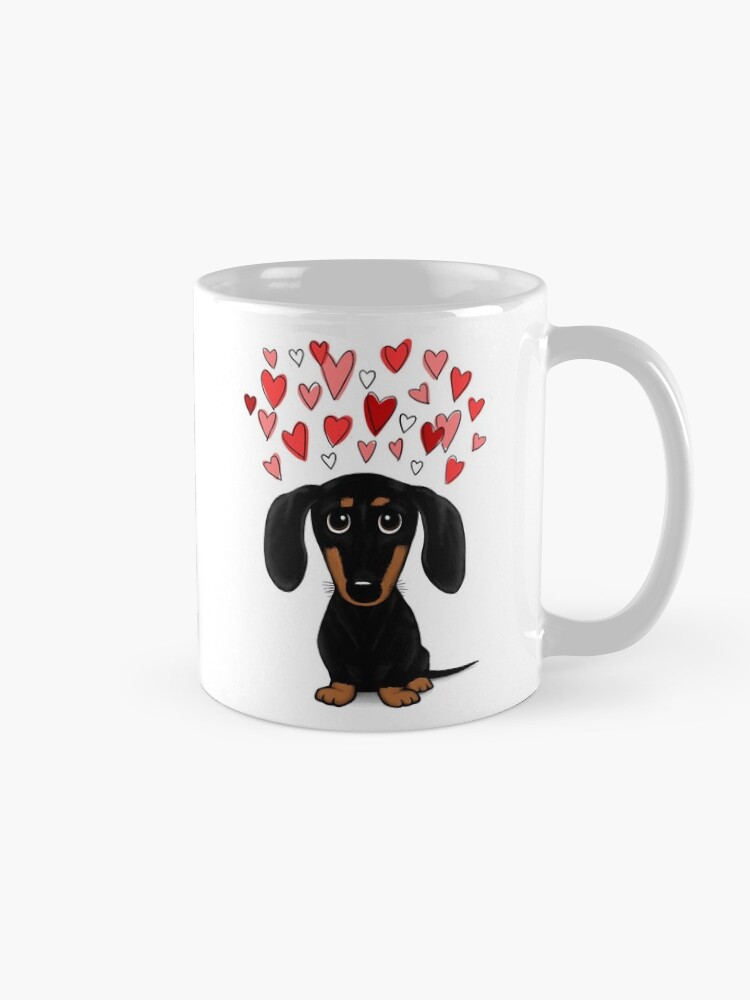 Alternate view of Black and Tan Dachshund with Valentine Hearts | Cute Cartoon Wiener Dog Coffee Mug