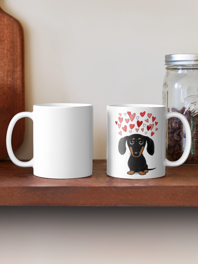 Alternate view of Black and Tan Dachshund with Valentine Hearts | Cute Cartoon Wiener Dog Coffee Mug