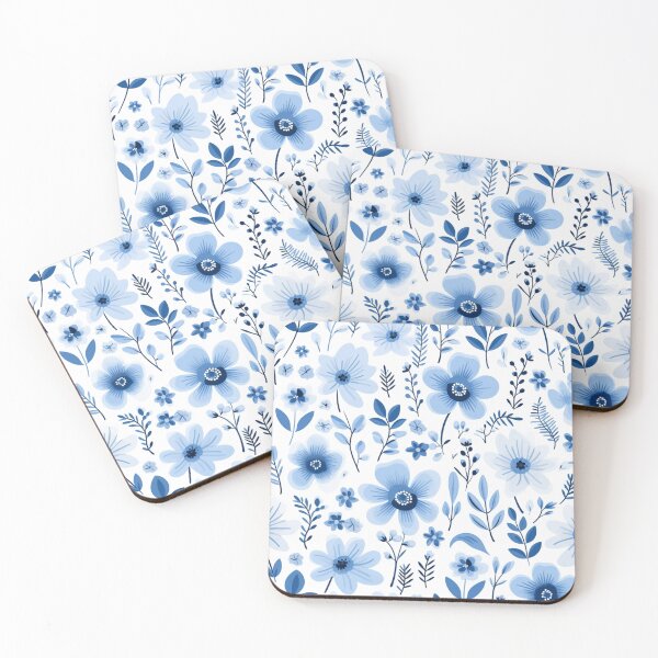 Aperçu de l'œuvre Fleurs bleues avec feuilles bleues et fond blanc créée et vendue par bigmoments.