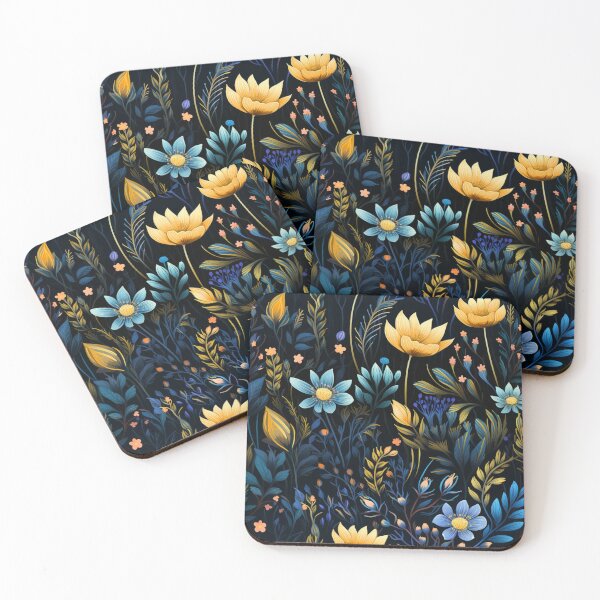 Item preview, Blue and yellow flowers on dark background designed and sold by bigmoments.