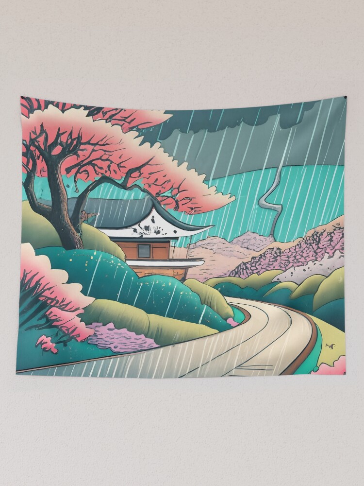 Thumbnail 2 of 3, Tapestry, Old abandoned Traditional Japanese house Minka Drawing designed and sold by Patricks-Art.